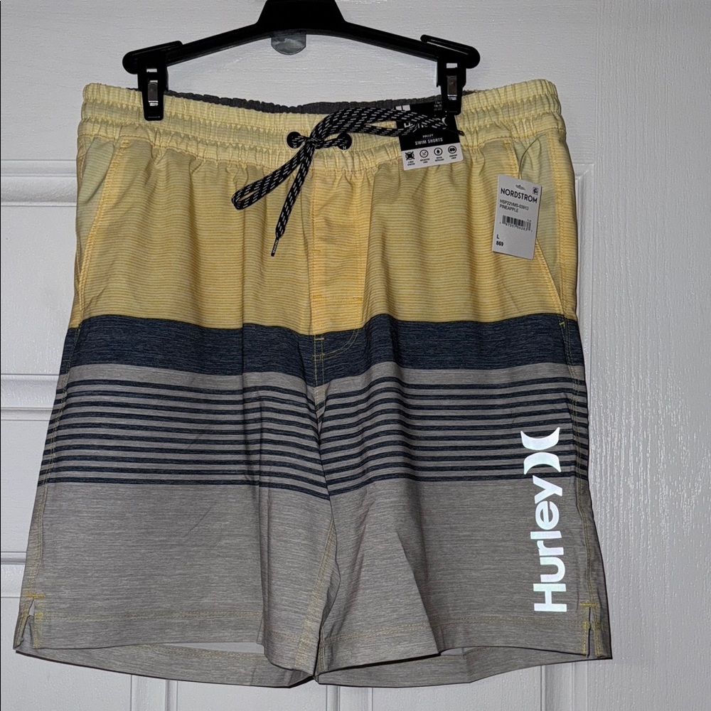 Hurley Men's Yellow and Gray Striped Swim Trunks